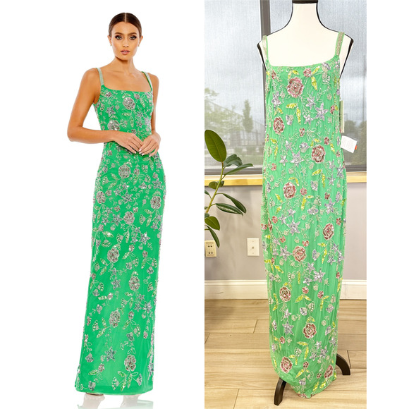 HAND BEADED FLORAL GOWN WITH BEADED SPAGHETTI STRAPS Size 6 - Picture 1 of 7